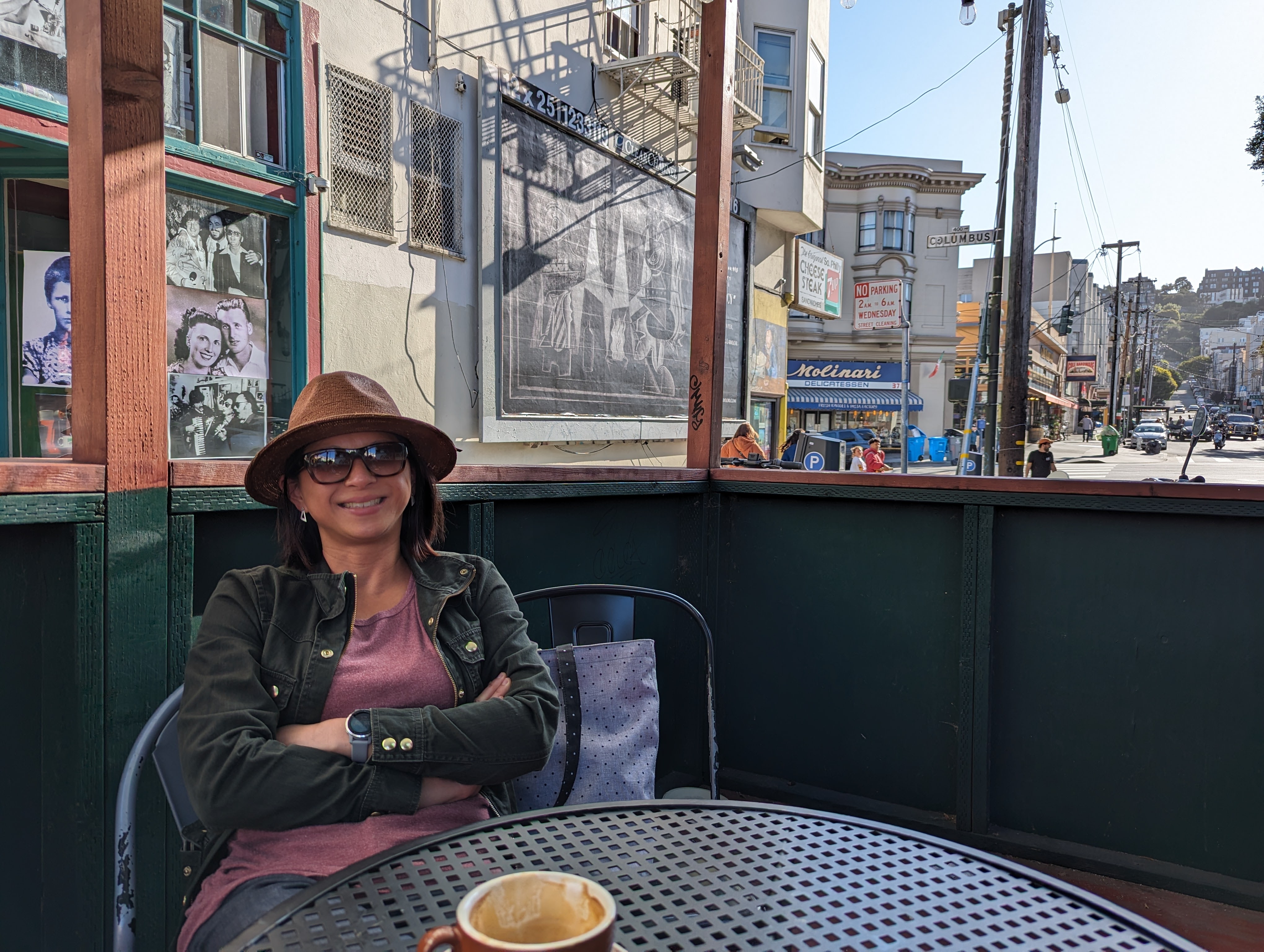 Helen sitting at a cafe is SF.